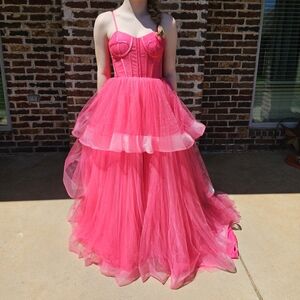 Pink Ruffled Tiered Prom Gown
